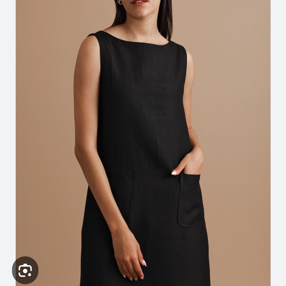 TURN BLACK Minimalist Lagenlook Artsy Linen Boatneck Keyhole BLK Shift Dress XL